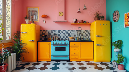 A cozy 60s kitchen with a checkered floor and vintage appliances, styled with contemporary vibrant colors and sleek modern cookware, blending retro charm with a futuristic twist 