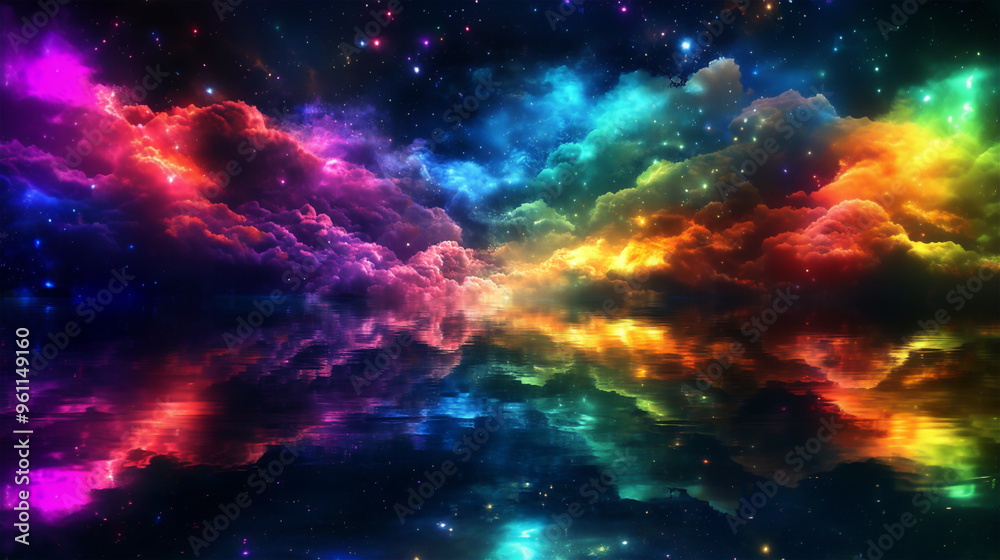 Fototapeta premium Fantastic background with colorful clouds and starry sky reflections