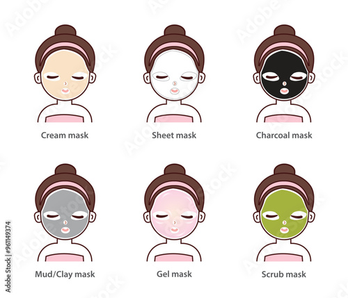 Types of face mask vector set illustration isolated on white background. Facial treatment mask with cute cartoon style. Cream, sheet, charcoal peel off, mud, clay, gel and scrub mask.
