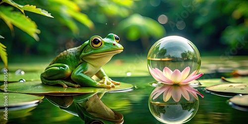 A green amphibian sits on a lily pad, releasing a giant bubble with a comical expression, amidst a serene and lush green pond environment. photo