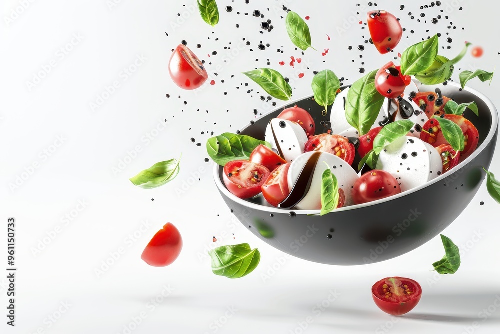 Caprese salad falling into a salad bowl Caprese salad falling into a salad bowl