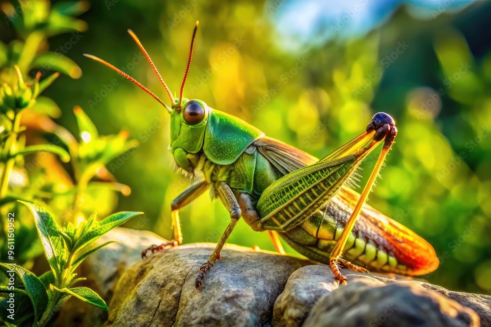 A large, vibrant green grasshopper with yellow wings and enormous compound eyes perches on a dry stone wall, surrounded by lush green foliage and warm sunlight. A large, vibrant green grasshopper with yellow wings and enormous compound eyes perches on a dry stone wall, surrounded by lush green foliage and warm sunlight.