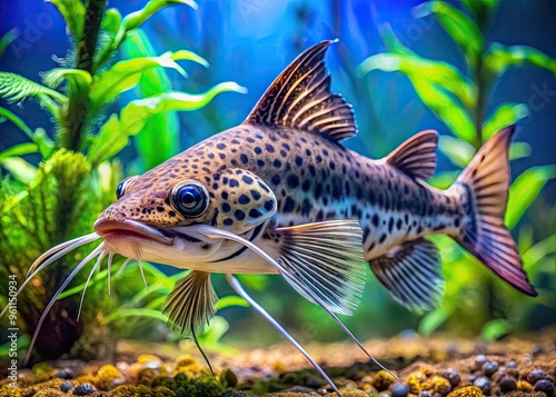 A large whiskered catfish with distinct spots and aquarium plants swims in a blurred blue background, showcasing its intriguing beauty in an underwater setting.