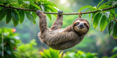 A Lazy Sloth Hanging From Jungle Vine With Copy Space photo