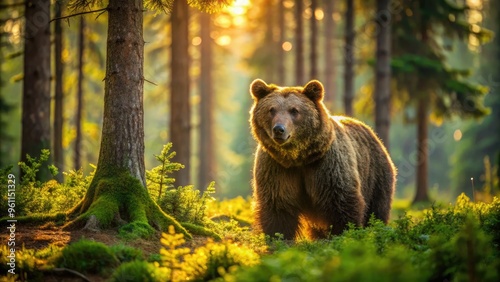 A majestic brown bear roams freely in a lush, green forest, its shimmering fur glistening in the warm sunlight, surrounded by towering trees and wilderness.