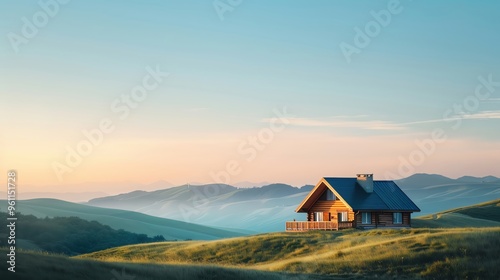 A wooden cabin sits atop a grassy hill with a mountain range in the background.