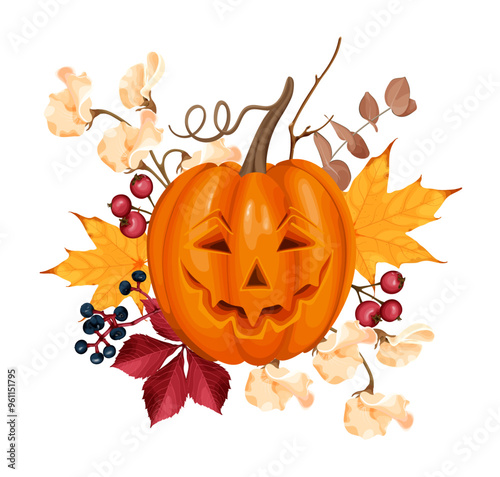 Jack-o'-lantern with autumn leaves, berries, and white flowers, perfect for Halloween or fall-themed designs, featuring vibrant seasonal colors and festive details.