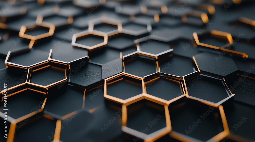 Abstract geometric background with black hexagons outlined in gold. Abstract geometric background with black hexagons outlined in gold.