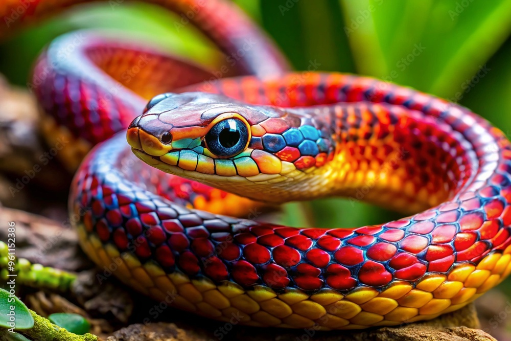 A colorful snake with a blue head and red and yellow stripes A colorful snake with a blue head and red and yellow stripes