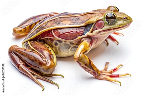 A meticulously preserved and labeled frog specimen lies on a white background, its organs and body parts carefully dissected and identified for educational purposes. photo