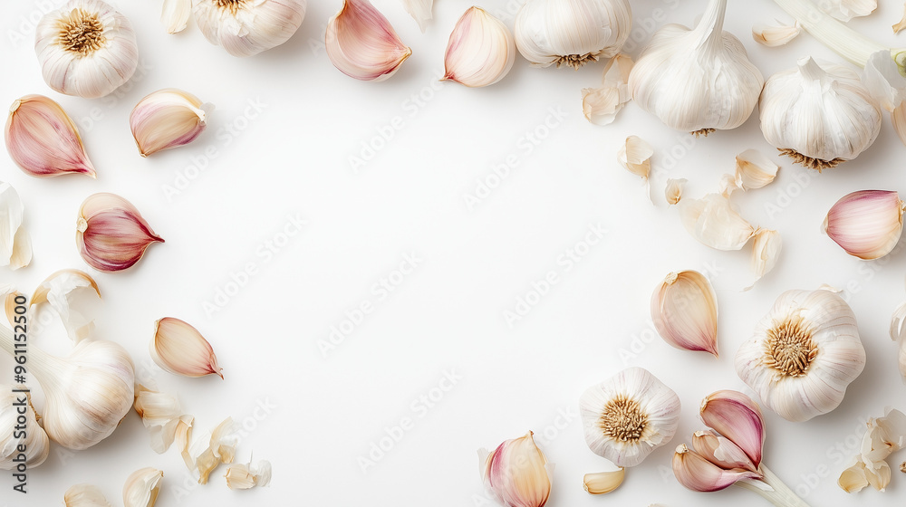 frame of herbs and spices, flat lay with garlic, Garlic, food ingredient, vegetable frame of herbs and spices, flat lay with garlic, Garlic, food ingredient, vegetable