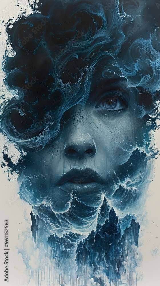 A woman's face emerges from swirling blue smoke, creating a mysterious and ethereal atmosphere. A woman's face emerges from swirling blue smoke, creating a mysterious and ethereal atmosphere.