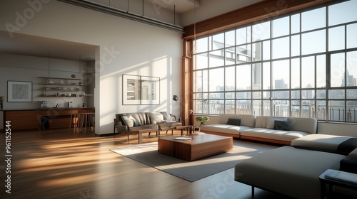 Bright modern living room with large windows, comfortable furniture, and warm wood accents, creating an inviting atmosphere.