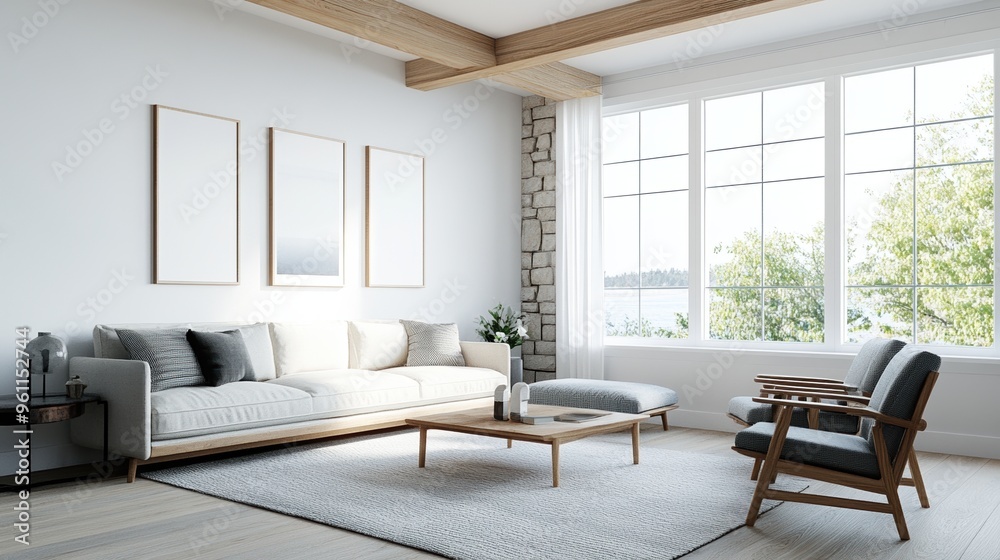 Fototapeta premium Bright and airy living room featuring modern furniture, large windows, and decorative art for a cozy atmosphere.