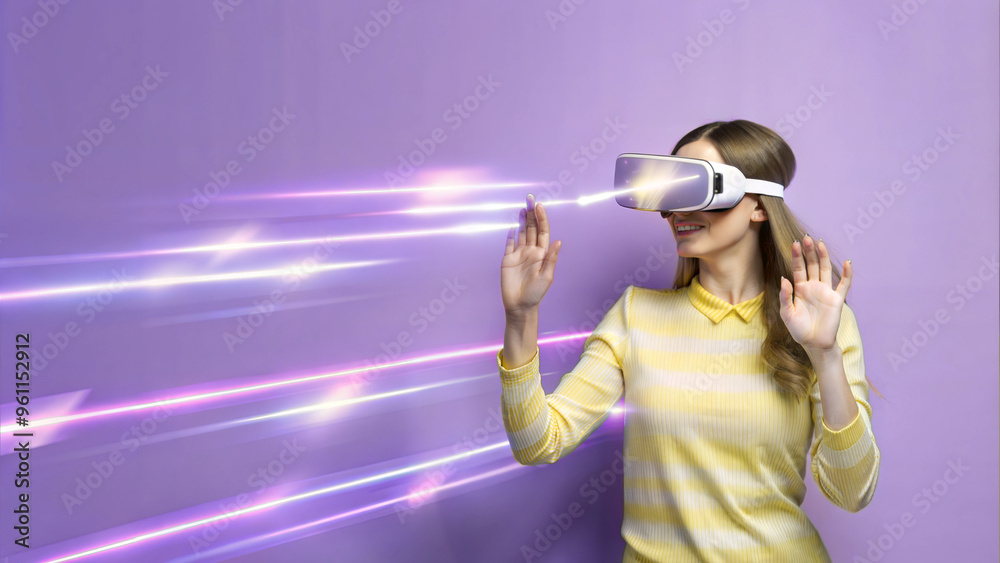 Young woman using virtual reality headset on purple background. Future technology concept