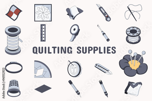 Quilting Supplies Lineal Color Vector Illustration Icon Sticker Set Design Materials