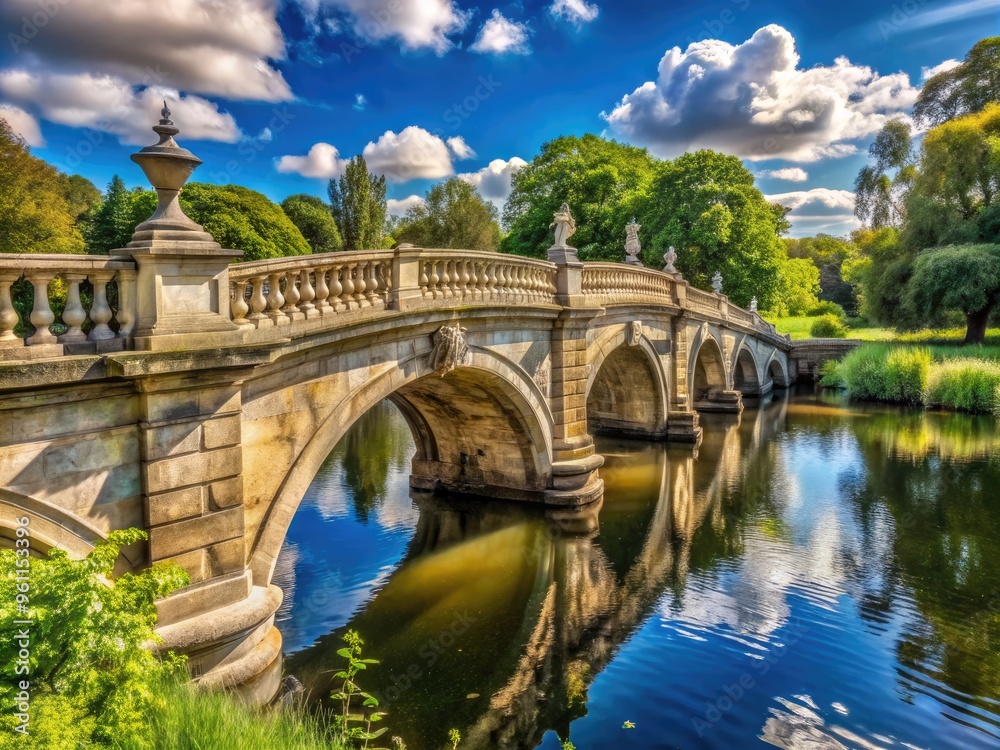 An Arched Stone Bridge With Ornate Balustrades Spans A Wide River, Surrounded By Lush Greenery And Blue Skies. An Arched Stone Bridge With Ornate Balustrades Spans A Wide River, Surrounded By Lush Greenery And Blue Skies.
