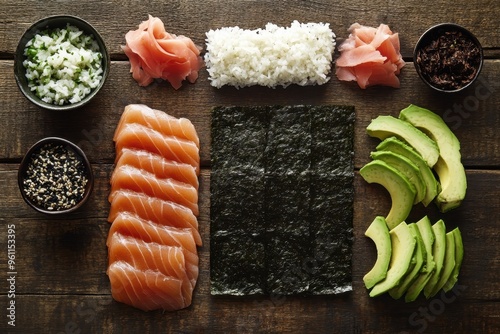 A sushi preparation setup featuring salmon, avocado, rice, and seaweed on a wooden surface. photo