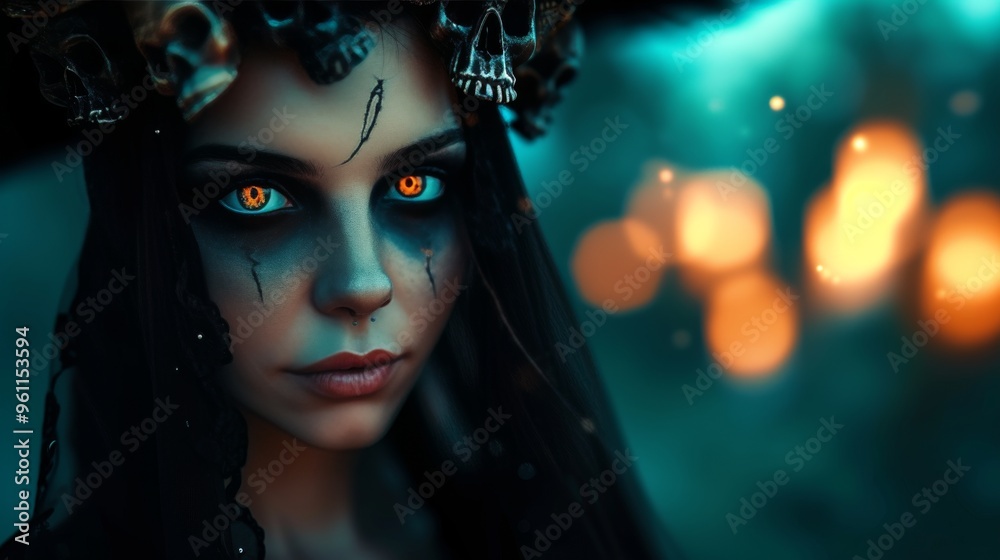 A hauntingly beautiful woman with glowing orange eyes stares intensely at the viewer, adorned in a dark, skull-themed headpiece. The background features a soft, blurred bokeh effect, enhancing the A hauntingly beautiful woman with glowing orange eyes stares intensely at the viewer, adorned in a dark, skull-themed headpiece. The background features a soft, blurred bokeh effect, enhancing the