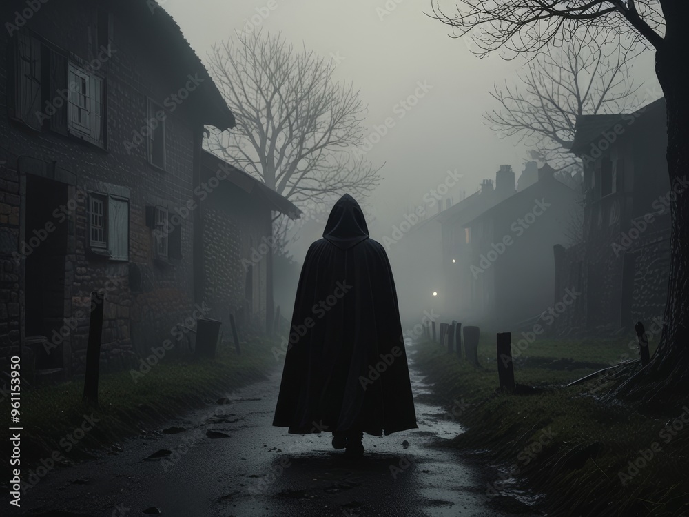Mysterious Figure in Foggy Village Street Mysterious Figure in Foggy Village Street
