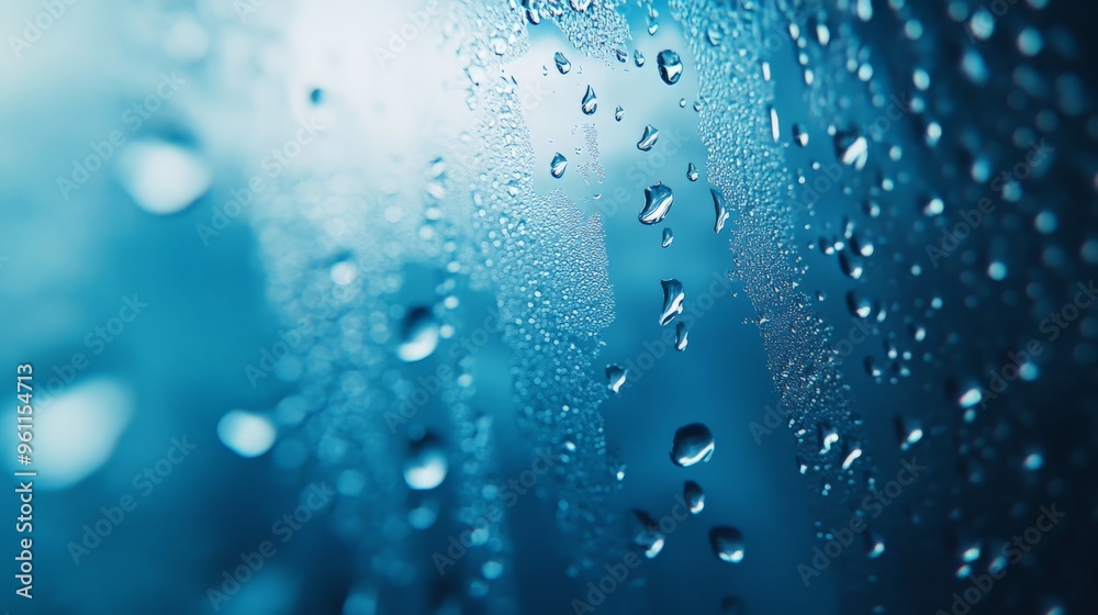 Close-up of water droplets on a glass surface. The image showcases the beauty of fresh rain and condensation in a serene, blue ambiance. Close-up of water droplets on a glass surface. The image showcases the beauty of fresh rain and condensation in a serene, blue ambiance.