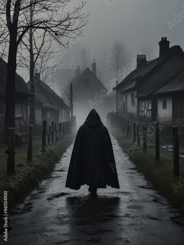 Mysterious Figure in Foggy Village Street