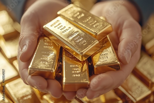 A close-up of hands holding multiple small gold bars, symbolizing wealth, finance and gold investment.