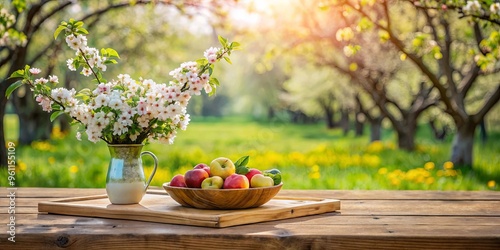 Wooden table with vase of flowers and apples, tray of apples, and blossomy tree in background