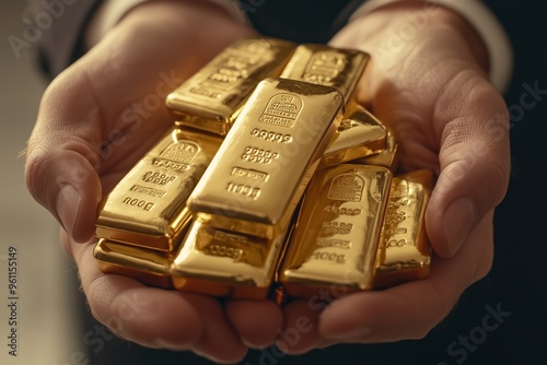 A close-up of hands holding multiple small gold bars, symbolizing wealth, finance and gold investment. photo