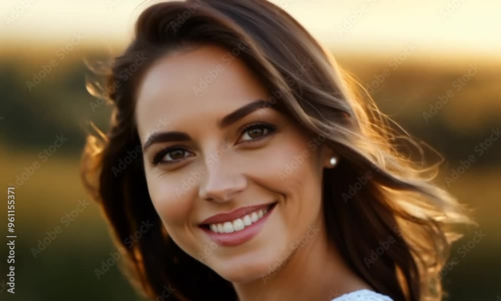 Radiant Smiling Woman Enjoying Golden Hour Outdoors Radiant Smiling Woman Enjoying Golden Hour Outdoors