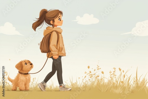 A girl is walking her dog in a field