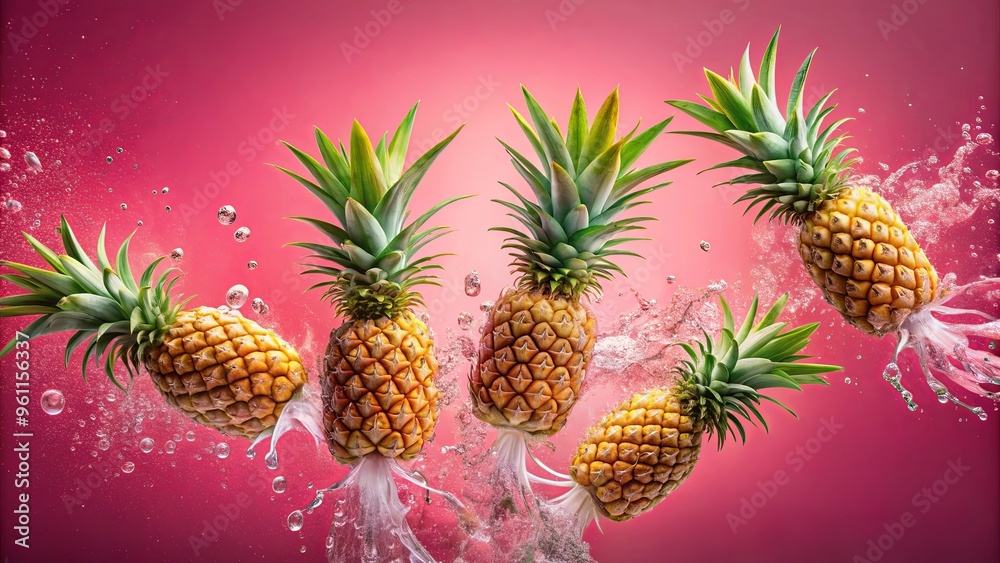 Fresh pineapples falling into water on a vibrant pink background Fresh pineapples falling into water on a vibrant pink background