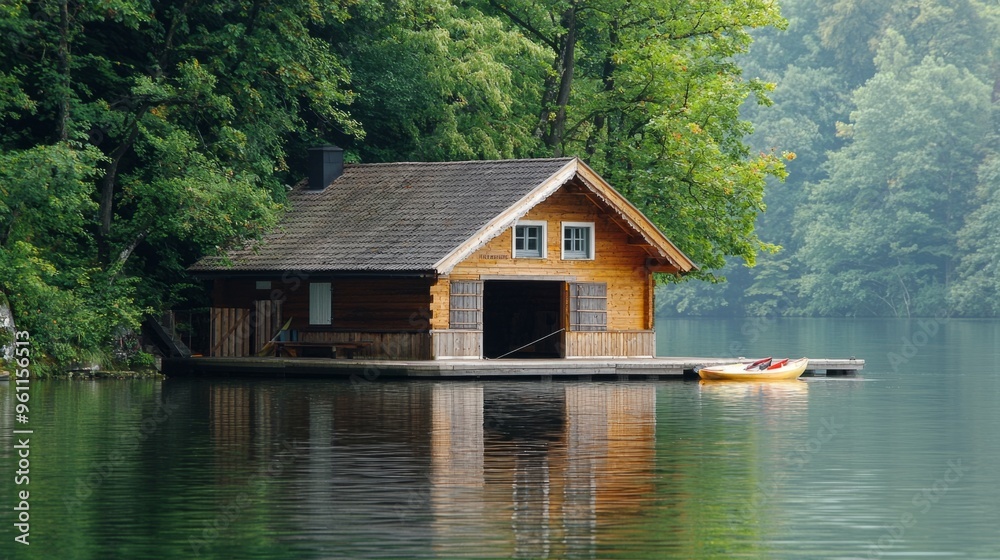 Fototapeta premium romantic old ancient wooden boat house at sea, ocean or lake coast