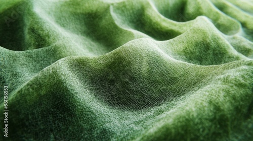 Close-up view of green velvet fabric with rich texture and folds, showcasing luxurious and soft material perfect for backgrounds. photo