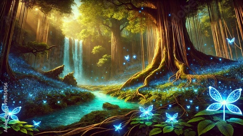 Enchanted Forest with a Mystical Waterfall photo