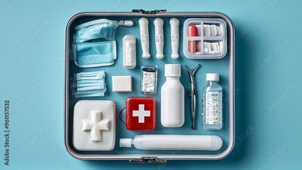 A neatly organized first-aid kit with essential medical supplies. A neatly organized first-aid kit with essential medical supplies.