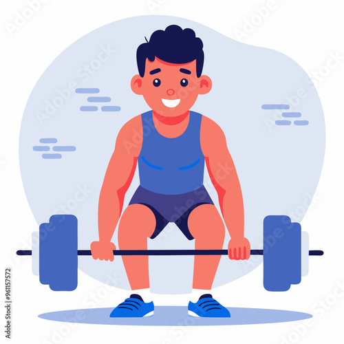 Boy lifting barbell in flat vector fitness illustration