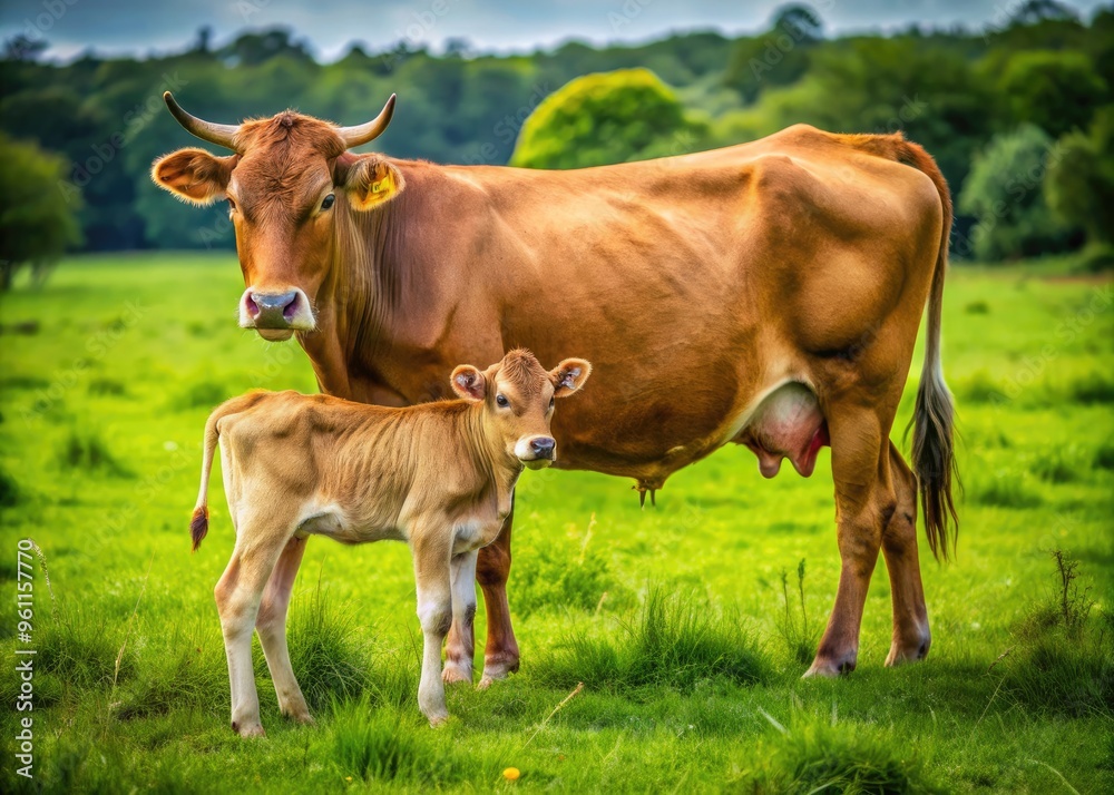 A serene rural scene unfolds as a contented cow stands in a lush green meadow, tenderly nursing her newborn calf, evoking warmth and maternal love. A serene rural scene unfolds as a contented cow stands in a lush green meadow, tenderly nursing her newborn calf, evoking warmth and maternal love.