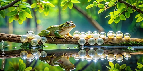 A serene pond's tranquil surface reflects lush greenery as a cluster of translucent frog eggs suspended from a submerged branch await their aquatic fate. photo