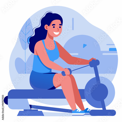 Smiling Woman Rowing on Fitness Machine in Gym Setting

