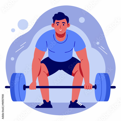 Smiling Man Deadlifting Barbell in Gym with Blue Background


