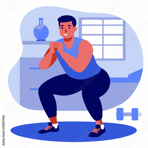 Smiling Man Squatting in Home Gym Setting with Weights


