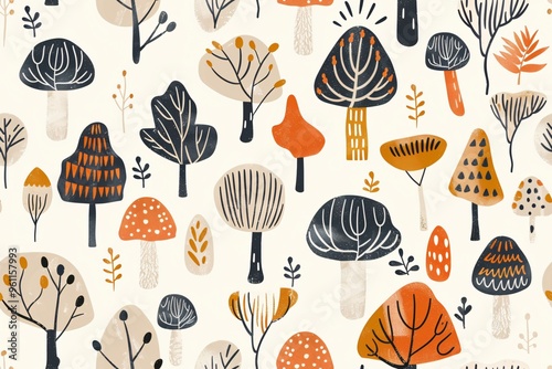 A vibrant abstract depiction of a forest with layered trees and flowing forms.