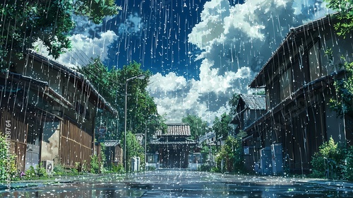 A tranquil street scene with heavy rain in a quaint town.