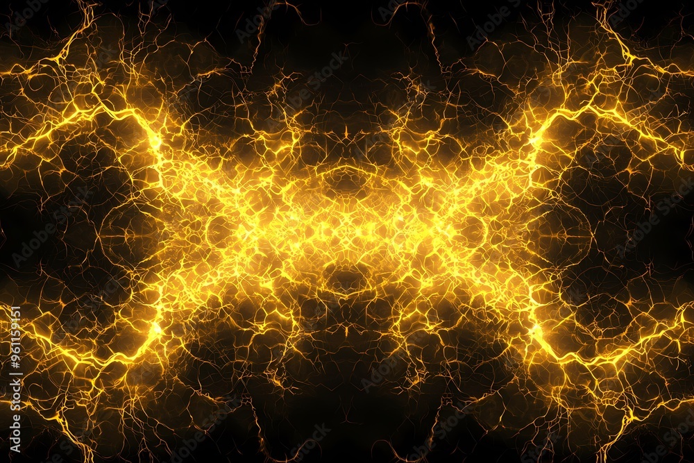 Naklejka premium Abstract yellow lightning patterns on a dark background.