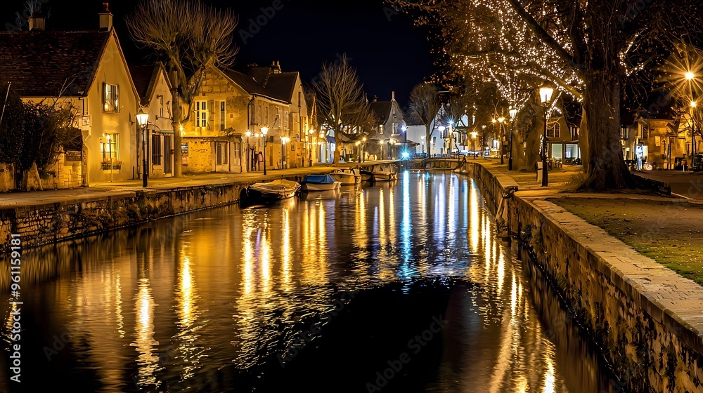 Serene night view of a charming canal with boats and illuminated buildings. Serene night view of a charming canal with boats and illuminated buildings.
