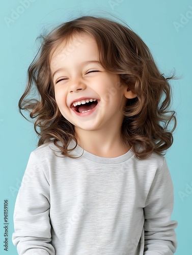 Kid Laughter Turquoise Scene Joyful Child with Curly Hair Laughing Against Turquoise Background Turquoise Tone Kid Smile Joyful Child Turquoise Wall