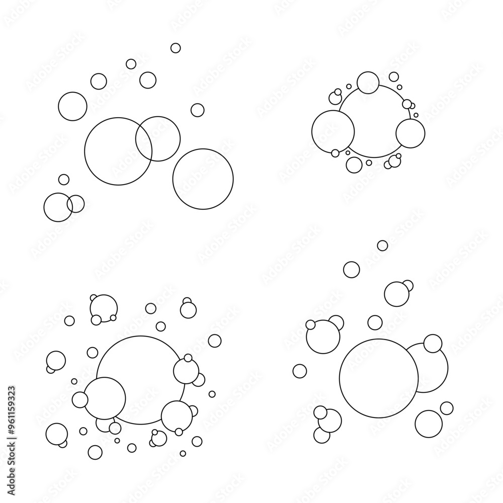 Soap bubbles, foam. Black and white graphic illustration, hand-drawn, vector. A collection of elements from empty circles for design, decoration, and embellishment. A contoured linear drawing. Soap bubbles, foam. Black and white graphic illustration, hand-drawn, vector. A collection of elements from empty circles for design, decoration, and embellishment. A contoured linear drawing.