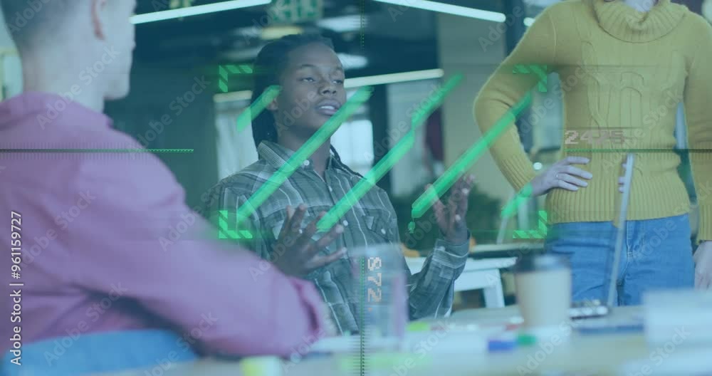 Business meeting with diverse team, data analysis animation over participants Business meeting with diverse team, data analysis animation over participants