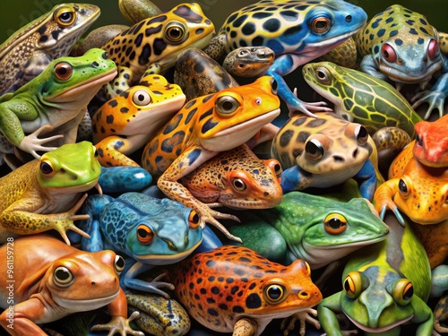 Assortment Of Various Frog Species In Different Sizes, Colors, And Patterns